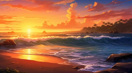 A tranquil beach at sunset, featuring gentle waves and a golden sky, ideal for relaxation and meditation streams.