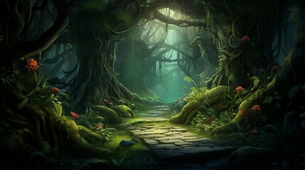 An enchanting forest with lush greenery and a mysterious path leading into the unknown, ideal for a nature-themed banner. - obrazy, fototapety, plakaty