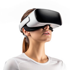 Woman in VR Headset isolated on white background, AI Generative.
