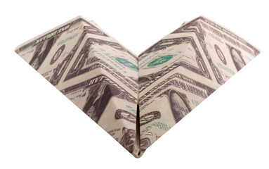 Front view of a paper airplane made of US currency dollars.