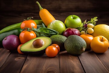 fresh vegetables and fruits background, food top view. Generative AI.