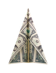 Top view of a paper airplane made of US currency. 