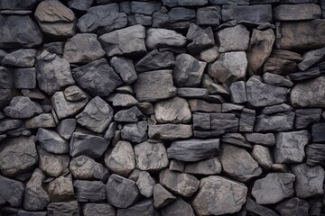 Dark masonry wall texture. Black stones and rocks of different shape, gray background. Generative AI