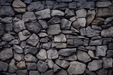 Fototapeten Dark masonry wall texture. Black stones and rocks of different shape, gray background. Generative AI © Kateryna