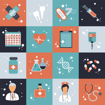 Health care and medicine icon set. Flat vector illustration.