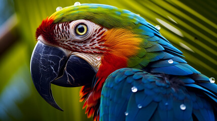 Fototapeta premium Tropical macaw perched vibrant feathers in focus, AI Generative.