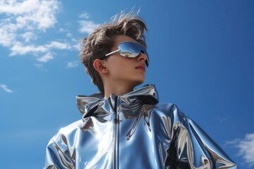 Sky Blue Futuristic Scenario with a Woman in a Shiny Silver Jacket and Generative AI