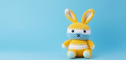 Cute knitted toy rabbit on blue background with copy space. Easter concept.