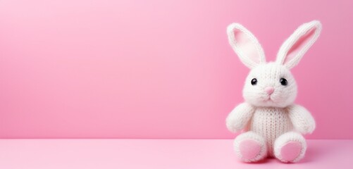 Cute knitted toy rabbit on pink background with copy space. Easter concept.