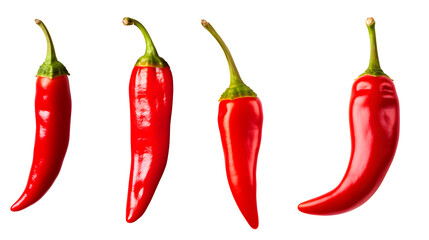 set / collection of red hot chili peppers isolated over a transparent background, spicy jalapenos, whole and cut in half, top and side view, PNG - obrazy, fototapety, plakaty