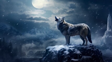 lone wolf howling on a snow-covered hill under a full moon, with a haunting and mystical winter landscape