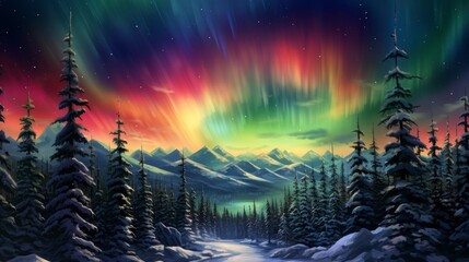 Northern lights dancing over a snowy forest, with a clear view of the vibrant colors in the night sky