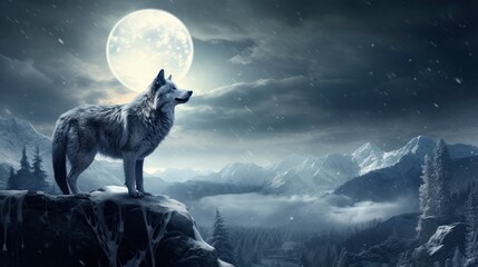 lone wolf howling on a snow-covered hill under a full moon, with a haunting and mystical winter landscape - obrazy, fototapety, plakaty