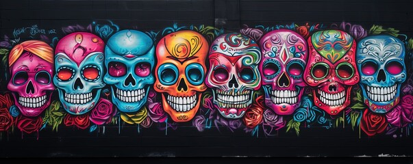 abstract graffiti illustration, street art design, Skulls paint on wall bright tone color, punk and funk background wallpaper, Generative Ai