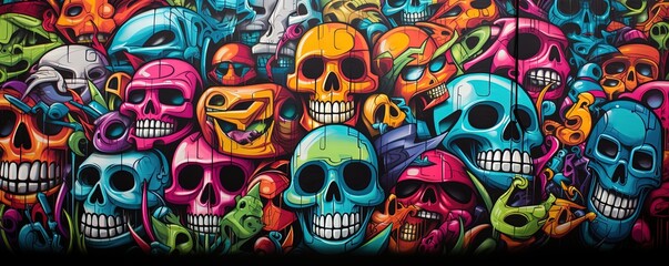 abstract graffiti illustration, street art design, Skulls paint on wall bright tone color, punk and funk background wallpaper, Generative Ai - obrazy, fototapety, plakaty
