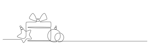 One continuous line drawing of Christmas greeting card. Festive gift and bauble stars for winter holiday card in simple linear style. Xmas decor in editable stroke. Doodle outline vector illustration