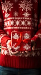 traditional woolen Christmas sweater with a snowflake pattern, worn by someone holding a gift