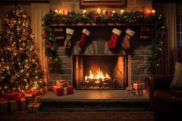 Naklejka premium cozy living room decorated for Christmas, with a glowing fireplace, stockings, and a beautifully adorned tree