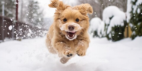 dog playfully chasing snowballs in a snowy backyard, with its fur dusted with snowflakes