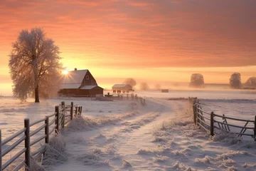 Poster frosty winter morning on a farm, with a barn, horses, and a blanket of snow covering the landscape © MADMAT