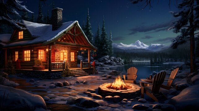 cozy winter cabin at night, with a roaring fire pit outside, surrounded by snow and under a starlit sky
