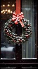 Christmas wreath hanging on a front door, with snowflakes gently falling in the evening light