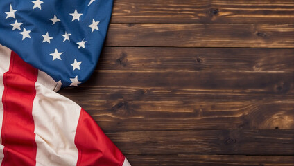 Fototapeta premium top view American flag on wooden background. backdrop with copy space