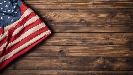 Fototapeta na wymiar top view American flag on wooden background. backdrop with copy space