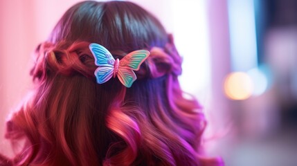 A woman with pink hair and butterfly clip, AI
