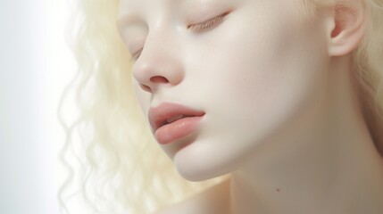 An albino close up of an albino woman with long blonde hair, AI - obrazy, fototapety, plakaty