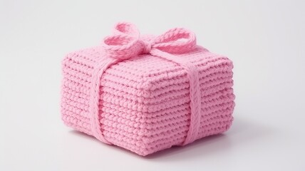 pink knitted gift box with ribbon on pink background with .crochet gift box.