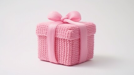 pink knitted gift box with ribbon on pink background with .crochet gift box.