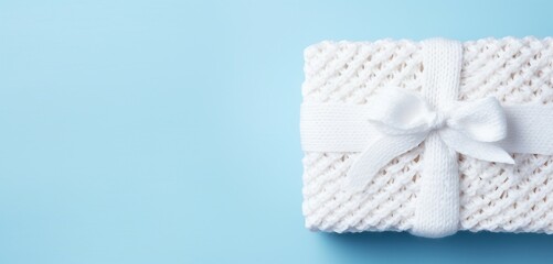 White knitted gift box with ribbon on blue background with copy space, top view.