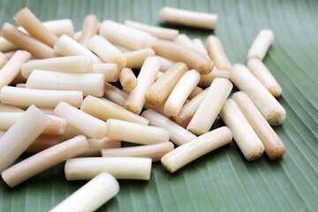 Fresh lotus rootlet on banana leaf