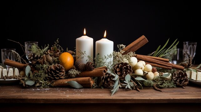 2 A rustic-themed New Year table centerpiece, complete with wooden elements and earthy colors.