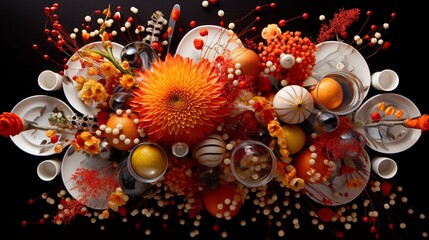 A top-down view of a New Year table centerpiece, showcasing the arrangement from a unique perspective.