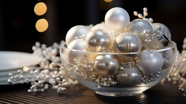 A close-up image of a New Year table centerpiece, highlighting the play of light on delicate ornaments.