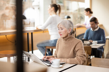 Confident senior female cafe customer enjoying peace and quiet while working on laptop