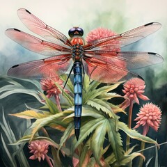 Dragonfly on Foliage Illustration - Nature's Detail and Delicate Wings Translucent Winged Dragonfly Amidst Floral Backdrop - Artistic Rendering