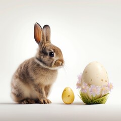 Fototapeta na wymiar Easter bunny with eggs, spring festival rabbit, cute bunny Easter celebration studio shot, white background, domestic rabbit, Easter eggs, spring, festive, pastel colors