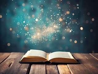 Fotobehang AI-generated illustration of an open hardcover book on a table, amid sparkles in a blue background. MidJourney. © EAStevens