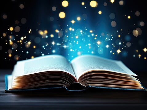 AI-generated illustration of an open hardcover book on a table, amid sparkles in a blue background. MidJourney.