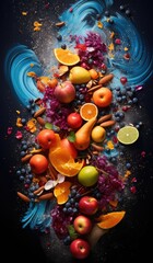 A vibrant assortment of colorful fruits and vegetables on a black background. Generative AI.