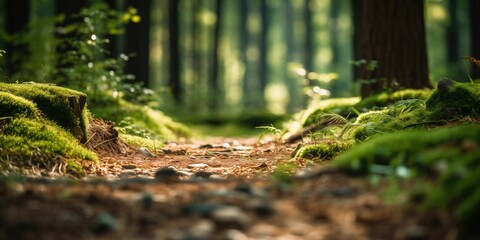 Sunlit forest trail with moss and fresh green ferns with shallow depth of field