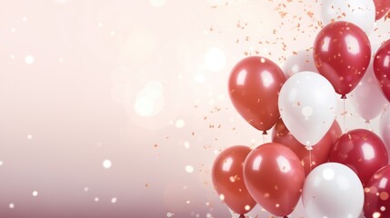 Festive red and white balloons with golden confetti on a soft pink backdrop