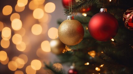Golden and red Christmas ornaments hanging from a tree with blurred lights in the background