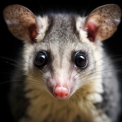 Obraz premium Curious Small Mammal Portrait Close-up of a face, large glossy eyes, prominent ears, soft fur, black background, wildlife portrait, curious expression