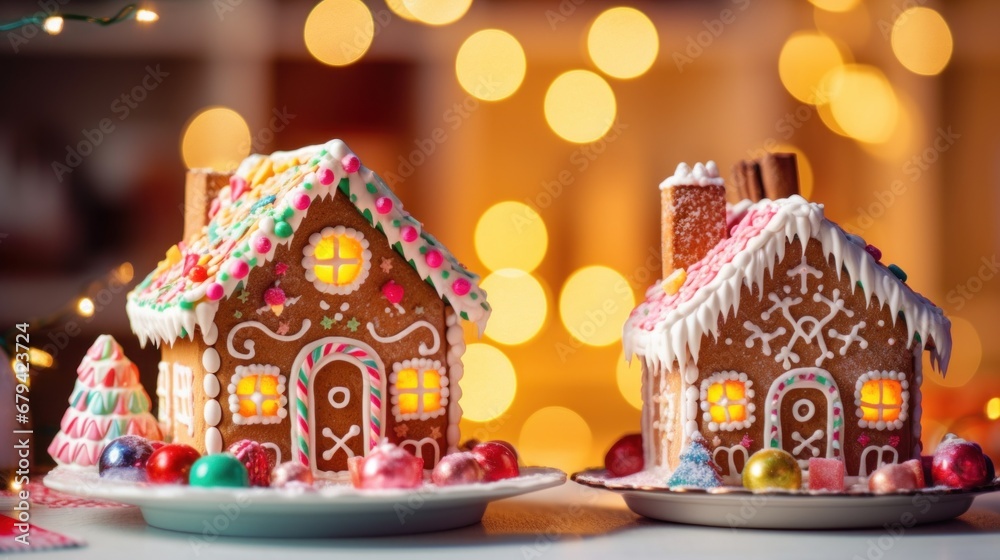 Poster Gingerbread houses on christmas table with lights, AI