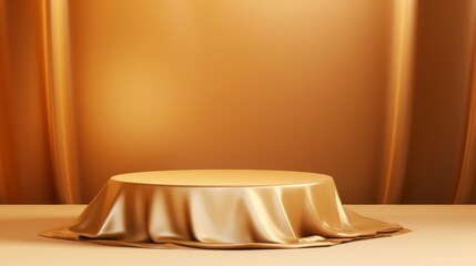 Podium gold fabric product background 3d luxury golden stage silk cloth abstract display. Fabric gold elegant premium podium platform beauty studio pedestal scene light design stand presentation black