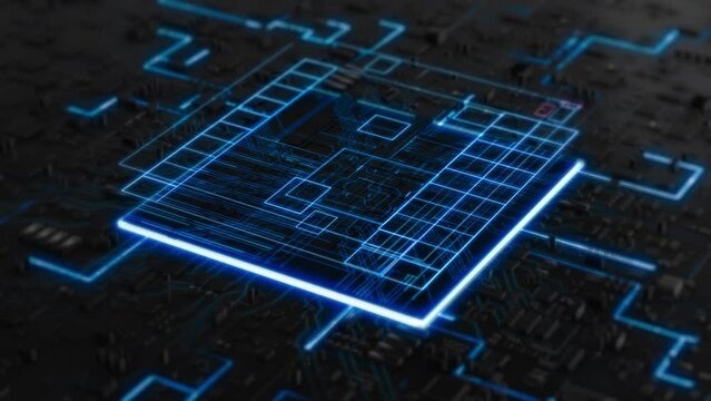 
Abstract Computer Micro Processor with Millions Of Connections. Technology CPU or GPU,  Pulses and Signals From The Micro Chip Propagate Through the Motherboard. 3D Animation, Internet of Things, AI.